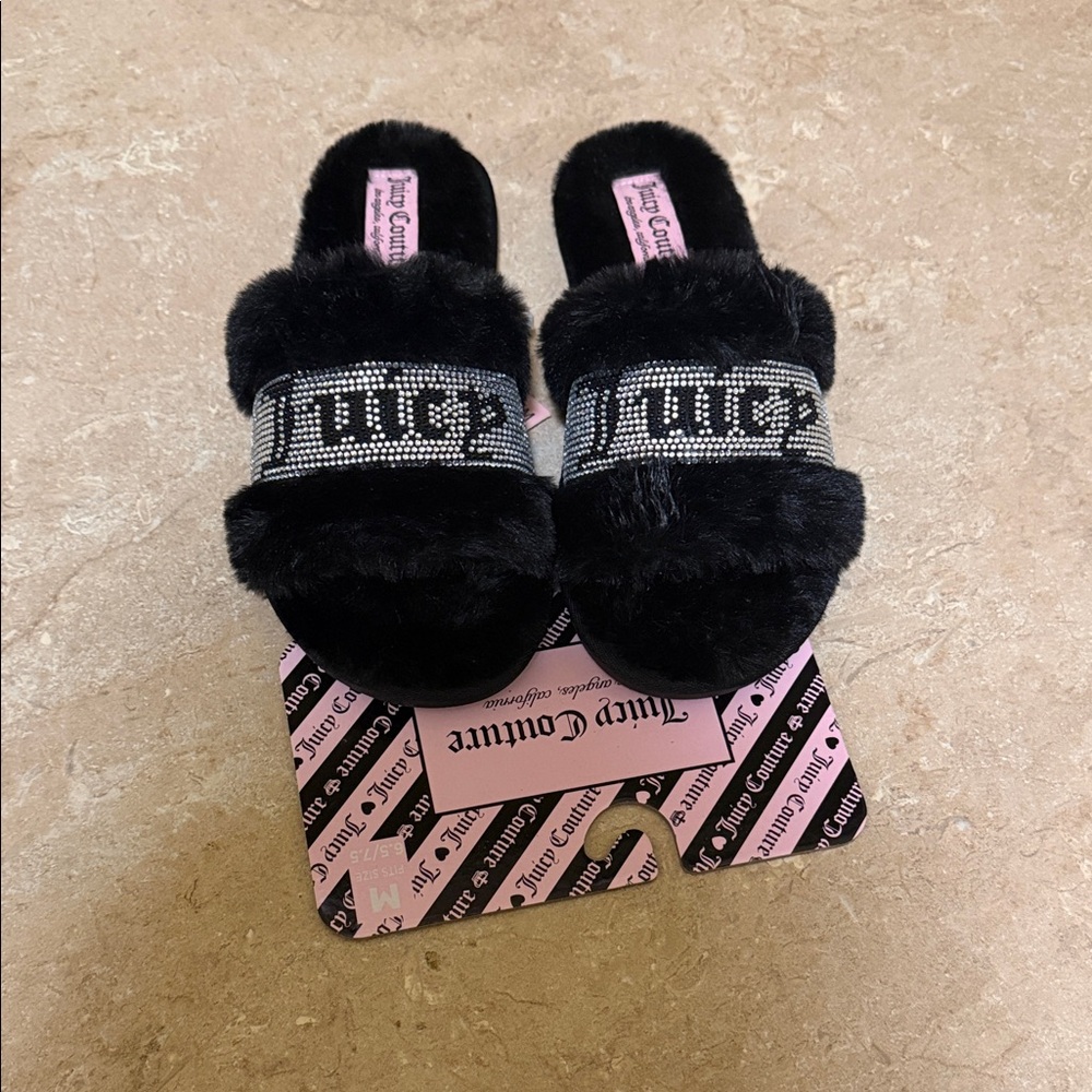 Juicy Couture Black Furry Slides with Rhinestone Detail